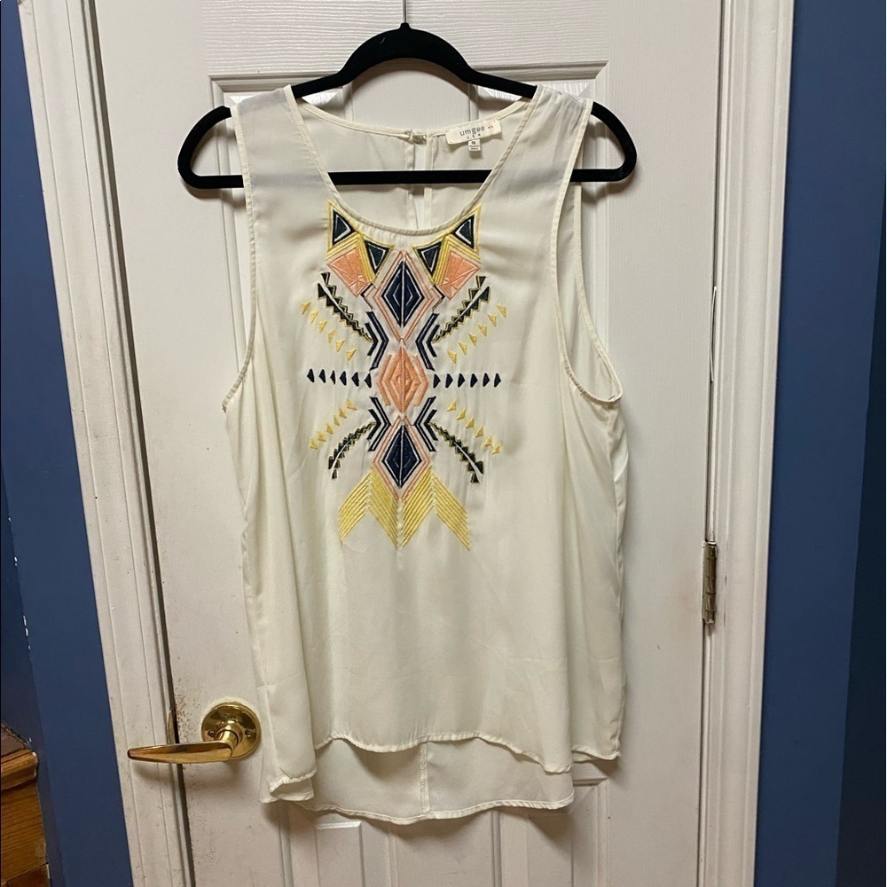 Umgee USA Aztec Southwest Embroidered Chiffon tank top blouse high low 1XL